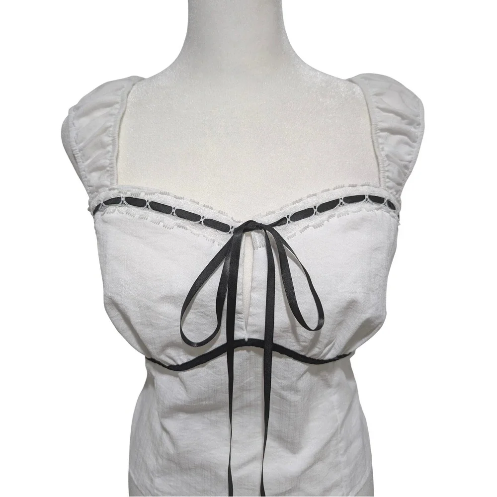 White Milkmaid Top Black Ribbon Trim Smocked Back Coquette Cottagecore Summer L